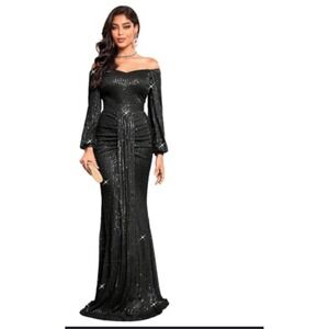 Toleen Womens Black Sequin Stripe V-Neck Maxi Evening Gown Dress Size L